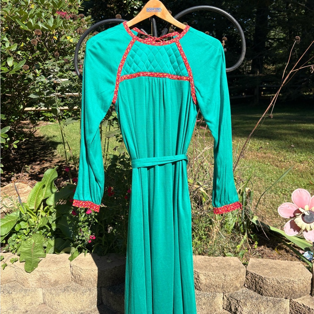 Vintage 1960s green Teal quilted dress with Red Trim